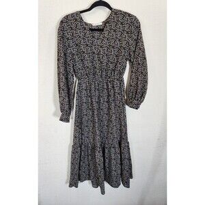 Yi Fan S Dress Midi Black Floral Smocked Waist Long Sleeve Tiered Korean Fashion